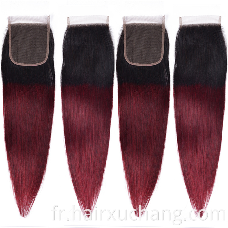 Prix ​​bon marché cru indien tissage couleur 1b / 99J extensions de cheveux paquets de cheveux humains vierges crus avec fermeture